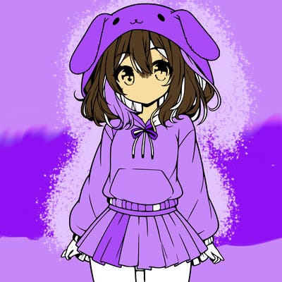pretty anime girl wearing a fluffy hoodie with bunny ears on the hood and a skirt