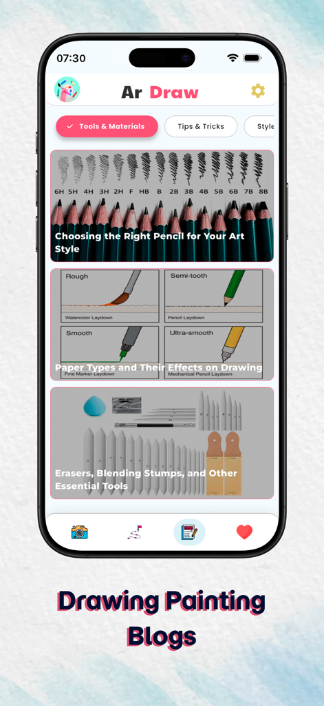 Drawing & Paint : Ar Drawing - AR Drawing app blog interface showing articles on sketching pencils, paper textures, and essential art materials