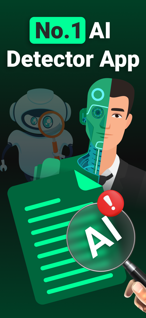 AI Detector :Humanizer AI Tool - AI Detector app splash screen featuring a human robot hybrid and a magnifying glass scanning a document for AI content.