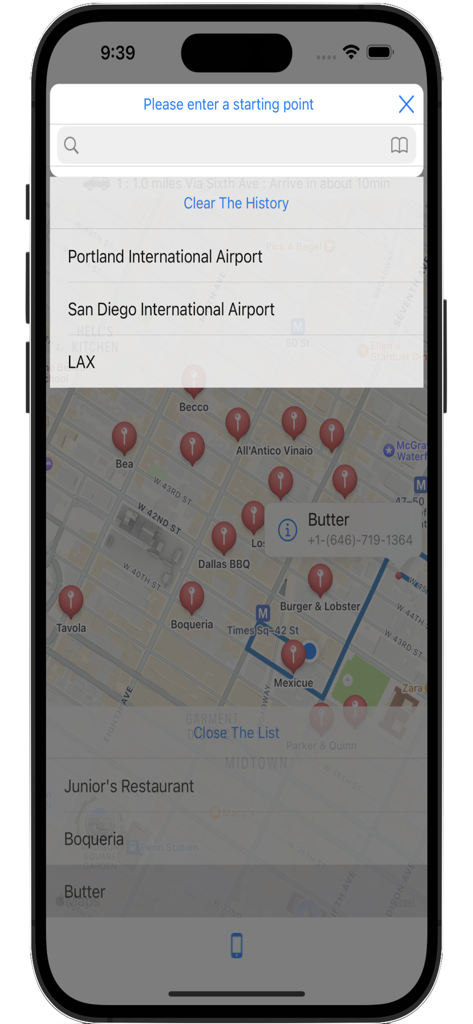 Interfaz de la aplicación de navegación I'm here que muestra el historial de búsqueda y un mapa con pines de ubicación de negocios.