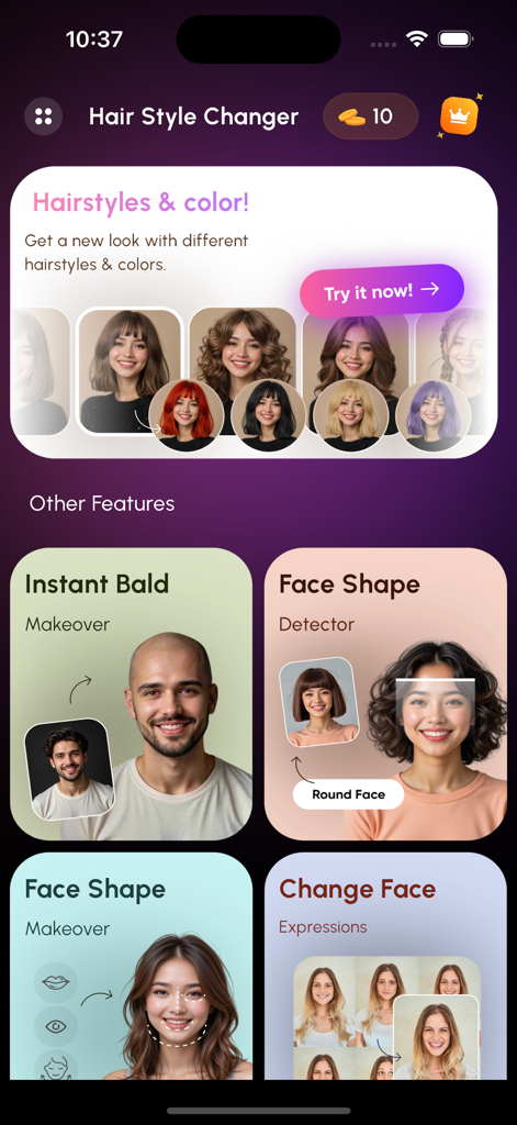 Hair Color Changer : AI Hair - Panel de la aplicación Cambiador de Color de Cabello resaltando funciones de IA como tendencias de peinado y detección de forma facial.