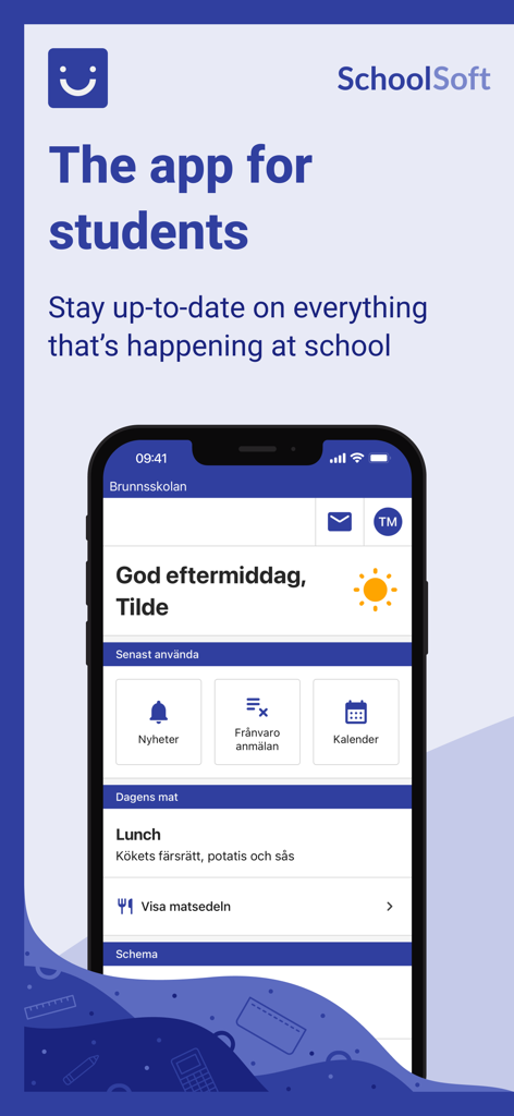 SchoolSoft Elev mobile app home screen for students displaying schedule and school lunch details
