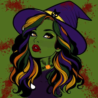 realistic witch girl with wavy hair and lips