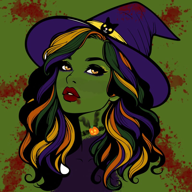 realistic witch girl with wavy hair and lips