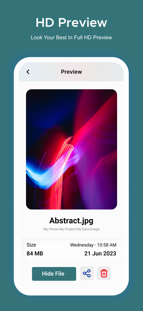 Photo Gallery : Albums - Pantalla de vista previa HD de la aplicación Photo Gallery que muestra una imagen abstracta con tamaño de archivo y opciones para ocultar, compartir o eliminar