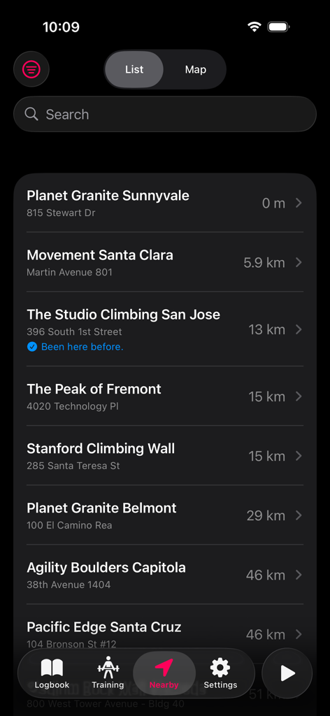 Redpoint: Bouldering, Climbing - A list of nearby bouldering and climbing gyms with distances in the Redpoint app interface