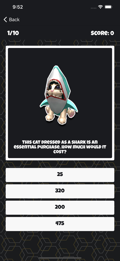 Trivia screen from the Robux Wallpapers app featuring a question about the cost of a shark cat avatar item.