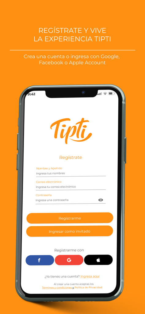Tipti app registration page on a smartphone showing login and sign up options