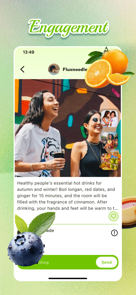Una publicación en redes sociales en la aplicación Jooka que muestra a dos mujeres disfrutando de bebidas con una receta para una bebida otoñal saludable.
