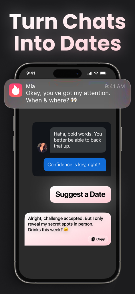 Icebreaker: Your AI Wingman - Icebreaker AI Wingman App-Oberfläche, die eine generierte Textantwort zeigt, um ein Date in einem Dating-App-Chat vorzuschlagen