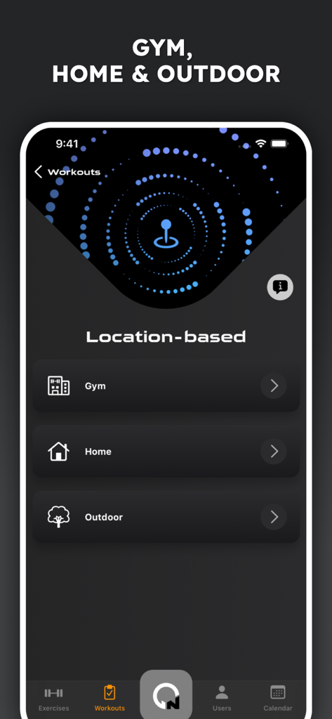 Gym Workout Tracker Planner AI - Pantalla de la aplicación móvil para seleccionar entre entornos de entrenamiento en gimnasio, en casa y al aire libre.
