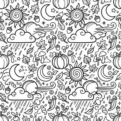 Capture the essence of autumn with this beautiful seamless coloring pattern, blending cheerful weather elements with cozy harvest themes. Discover a repeating design filled with suns, moons, clouds, pumpkins, and fall foliage, ready for your creative touch.