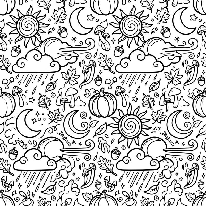 Capture the essence of autumn with this beautiful seamless coloring pattern, blending cheerful weather elements with cozy harvest themes. Discover a repeating design filled with suns, moons, clouds, pumpkins, and fall foliage, ready for your creative touch.