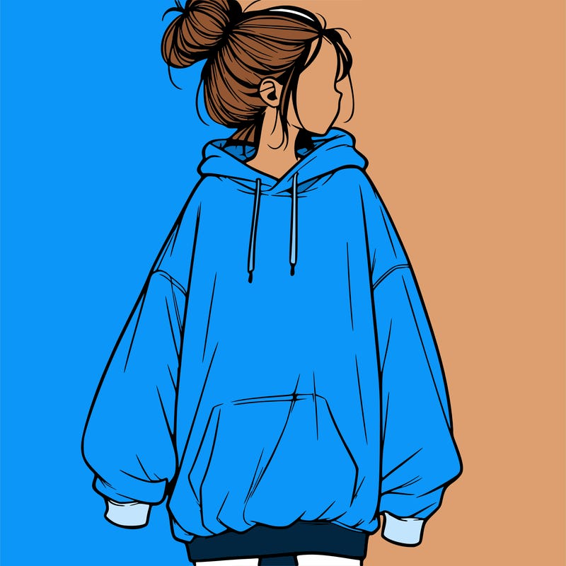 realistic girl with a oversized sweatshirt on and a bun