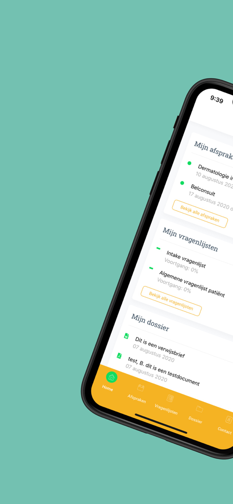 Pantalla de inicio de la aplicación móvil Mijn Medisch Dossier que muestra citas médicas, cuestionarios y registros de salud personal