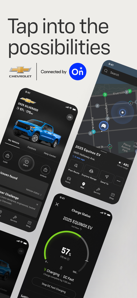myChevrolet - Una colección de pantallas de la app myChevrolet que muestran controles remotos del vehículo, ubicación en el mapa y estado de carga de vehículos eléctricos.