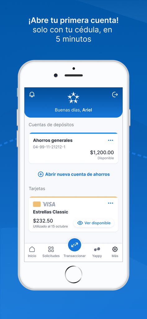 Banco General, S.A. - Panel de la aplicación de banca móvil de Banco General que muestra el saldo de la cuenta de ahorros y la información de la tarjeta de crédito