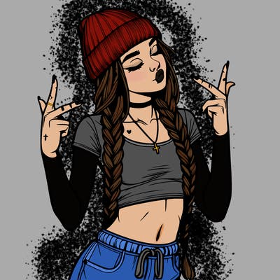 realistic teenage girl with braids and a beanie and crop top doing 🫶🏼