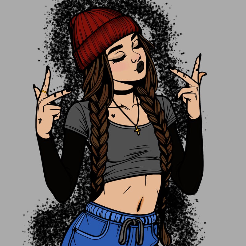 realistic teenage girl with braids and a beanie and crop top doing 🫶🏼