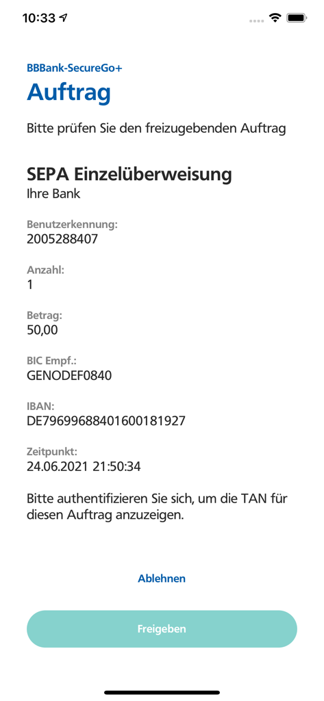 BBBank SecureGo+ - Bildschirm der BBBank SecureGo plus App, der eine SEPA-Transaktionsfreigabe mit Details und Freigabeschaltfläche anzeigt