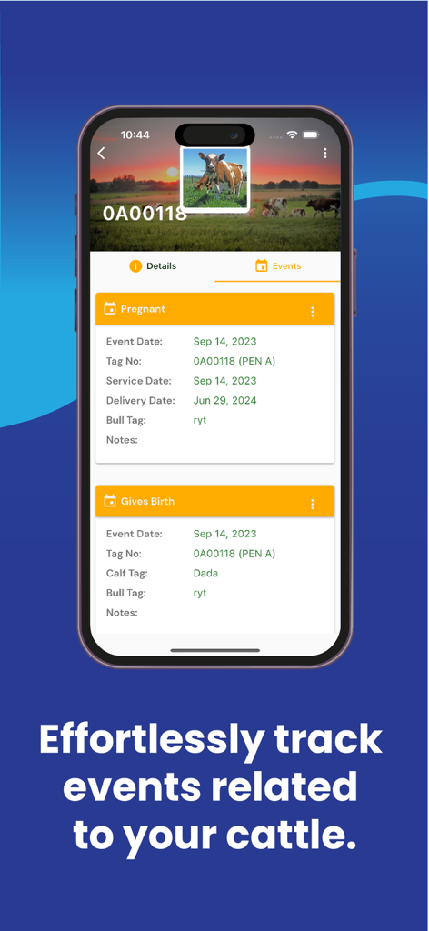 Smartphone-Bildschirm, der die Verfolgung von Rinderereignissen und Zuchtaufzeichnungen anzeigt