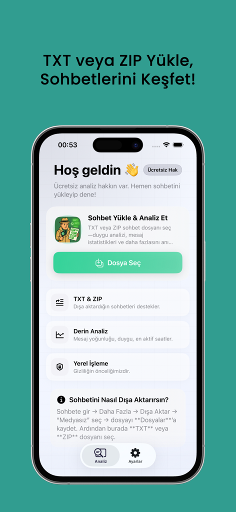 Pantalla de bienvenida de la aplicación móvil Avenix que muestra opciones de carga del historial de chat y funciones de privacidad.