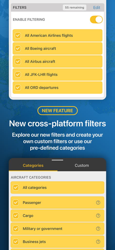 Interface of Flightradar24 app showing customizable filters for airlines and aircraft categories.