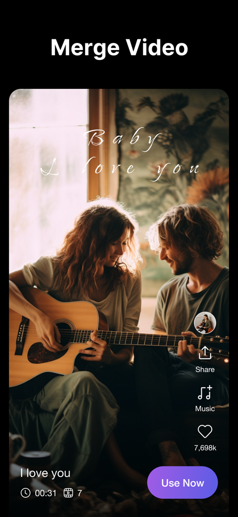 TrimCut - Video Editor - Interface do aplicativo editor de vídeo TrimCut mostrando o recurso de mesclar vídeo com um clipe de estilo de vida cinematográfico e ícones de mídia social.