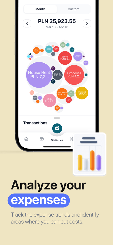 Money Flow: Easy Budget App - Gráfico de bolhas visual no aplicativo Money Flow para analisar gastos e despesas mensais.