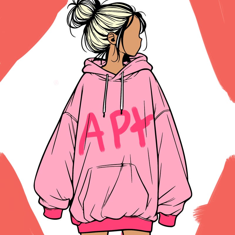 realistic girl with a oversized sweatshirt on and a bun