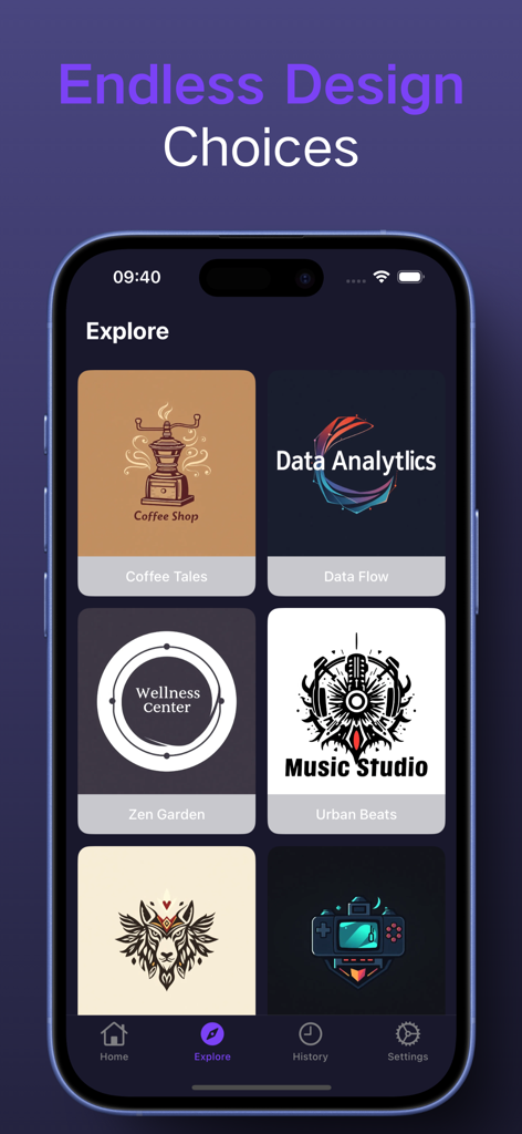 AI Logo Maker, Logo Generator - Explore screen of the AI Logo Maker app featuring a gallery of professional logo designs for different industries