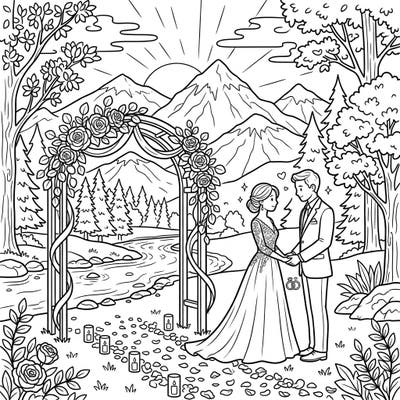 Immerse yourself in a romantic natural setting with this enchanting wedding coloring page. Capture the beauty of a mountain wedding, complete with a loving couple and a stunning floral arch.