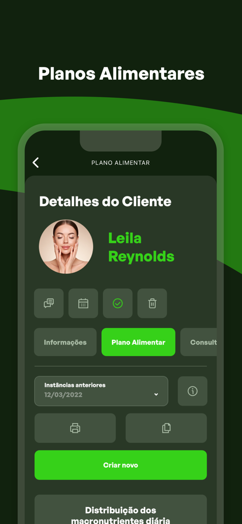 Health Zone-e app interface showing a client profile and nutrition plan management dashboard for fitness professionals.