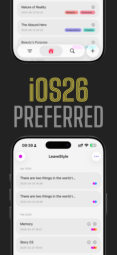 JustNote: Aesthetic Notes - Interfaz de la app JustNote Aesthetic Notes mostrando entradas de diario minimalistas con títulos filosóficos y etiquetas coloridas en un iPhone.