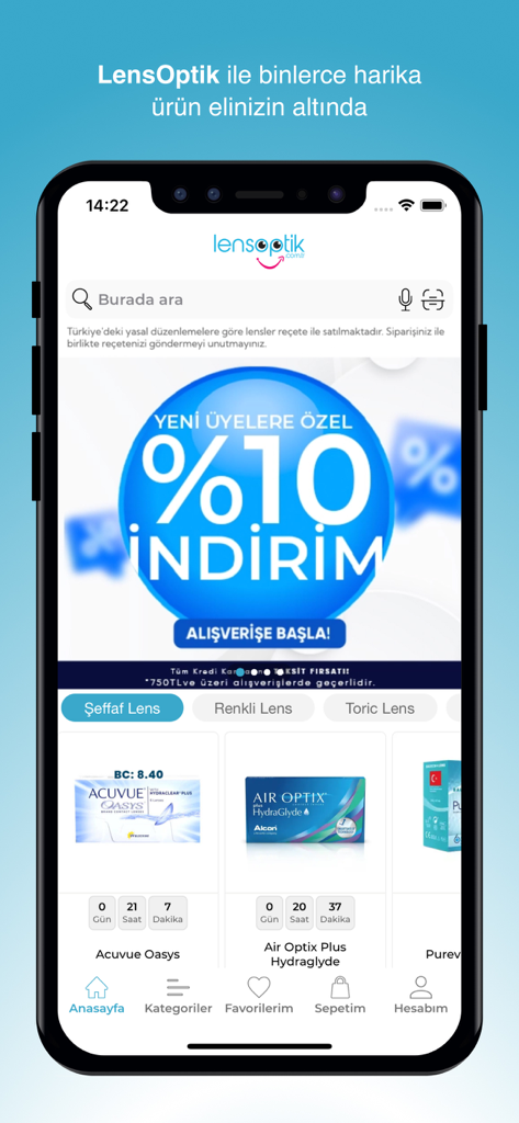 Lensoptik.com - Lensoptik mobile app home screen featuring contact lens brands and a promotional discount.