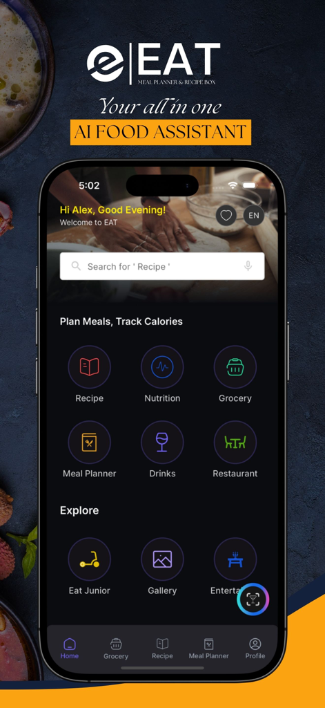 EAT app home screen with AI meal planning and nutrition tools