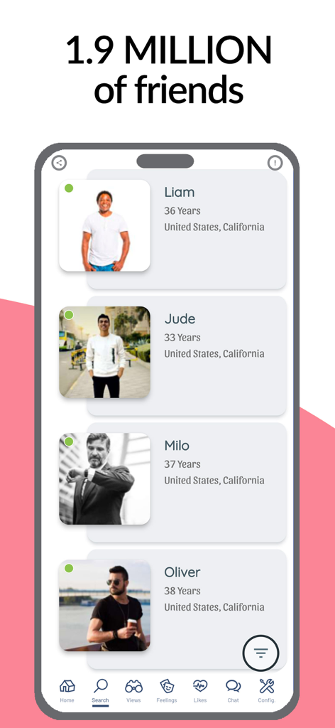 Suchbildschirm der QuoDating-App, der Profile von alleinstehenden Männern in Kalifornien anzeigt