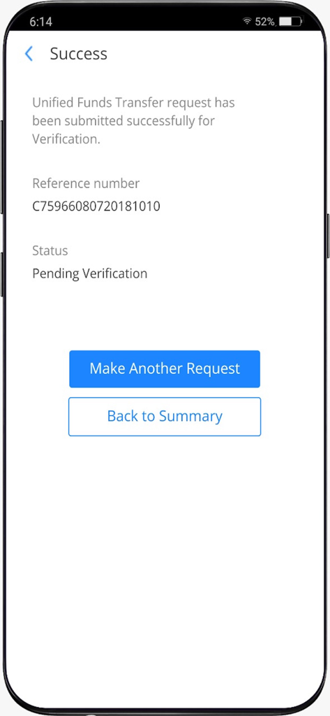 HDFC Bank Corp app screen showing a successful fund transfer request with a reference number and pending verification status