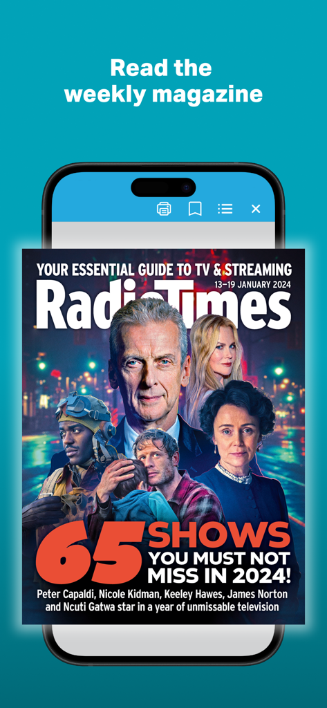 A smartphone displaying the digital edition of the Radio Times weekly magazine.
