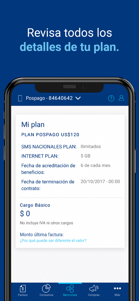 Mi Tigo Nicaragua app screen displaying postpaid mobile plan details including internet and SMS usage