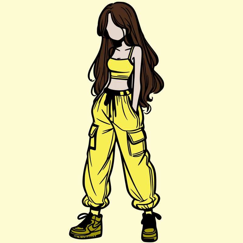 girl in baggy pants crop top and long hair
