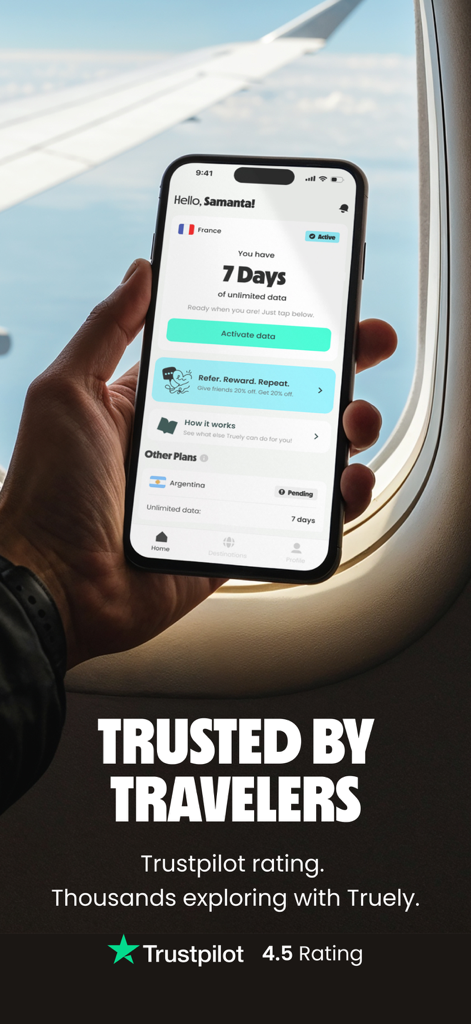 Truely・Travel eSIM & Data Plan - Smartphone displaying the Truely eSIM app interface on an airplane with a Trustpilot rating
