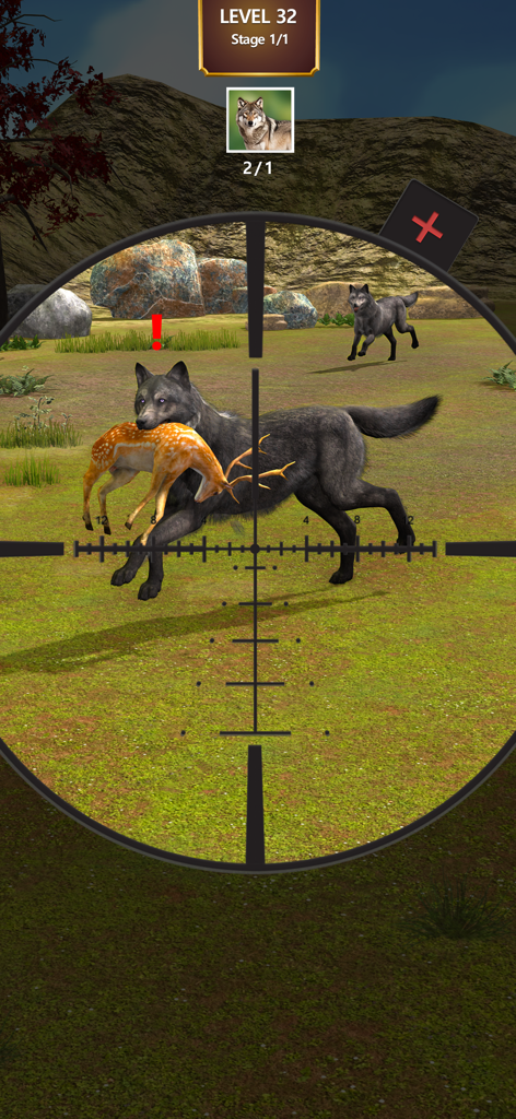 Sicht durch das Zielfernrohr eines Wolfs, der ein Reh in einem Jagdsimulationsspiel trägt