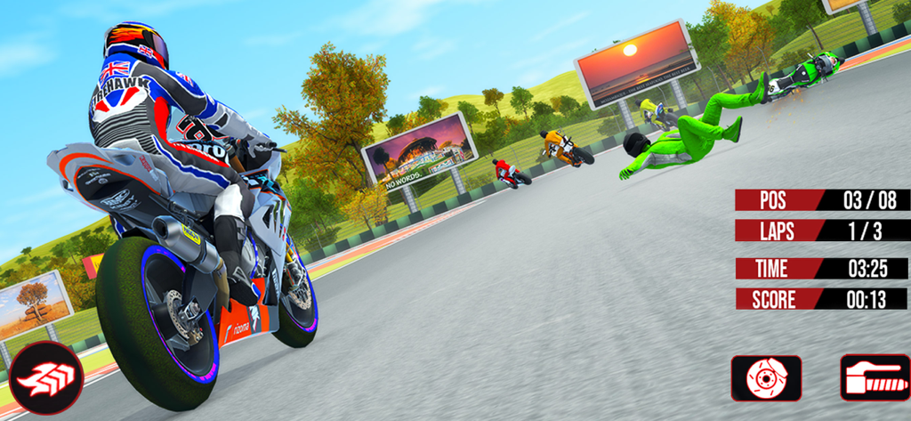 Bike Racing Games: Bike Games - Gameplay of a 3D motorcycle racing game on a circuit track with a racer crashing