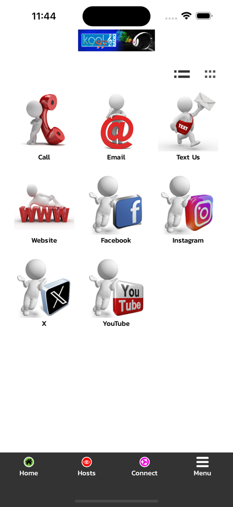 KOOL97FM Radio - Interface of KOOL97FM Radio app showing buttons to call email and visit social media pages