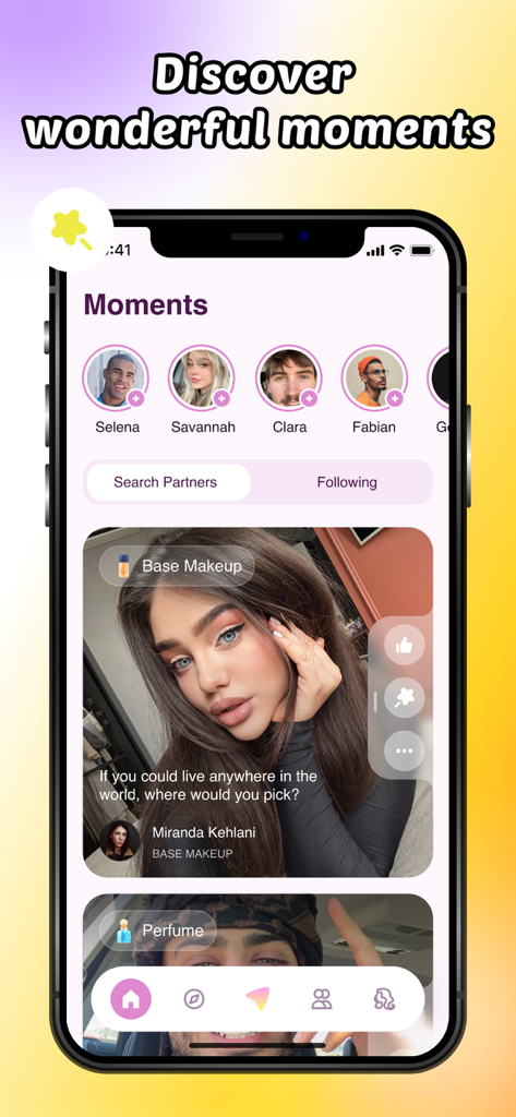 Velvet - Video Chat, Makeup - A mobile interface for the Velvet app showing user stories and beauty-focused video posts under a Moments section.