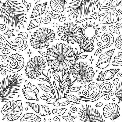Dive into a relaxing summer coloring adventure featuring beautiful Cape Daisies blooming amidst beach-inspired treasures. This delightful template captures the essence of a sunny day by the shore, perfect for a creative escape.