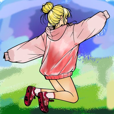 realistic girl jumping with a bun and oversized sweatshirt