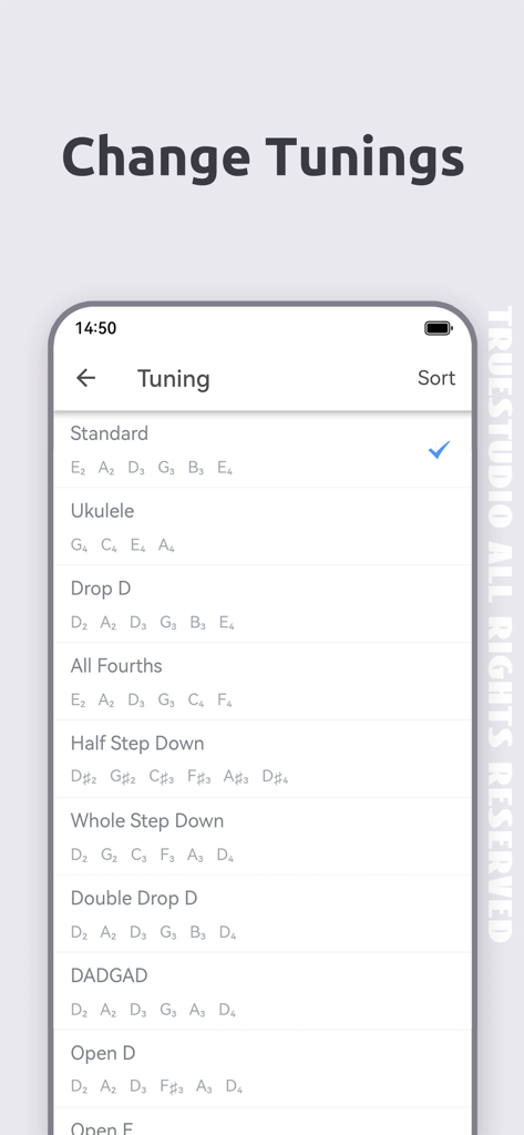 Ukulele Tuner - Ukutuna - Un elenco di diverse impostazioni di accordatura nell'interfaccia dell'app Accordatore per Ukulele