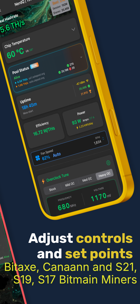 HashWatcher-Miner Dashboard - HashWatcher app interface showing real time Bitcoin miner metrics and overclocking controls